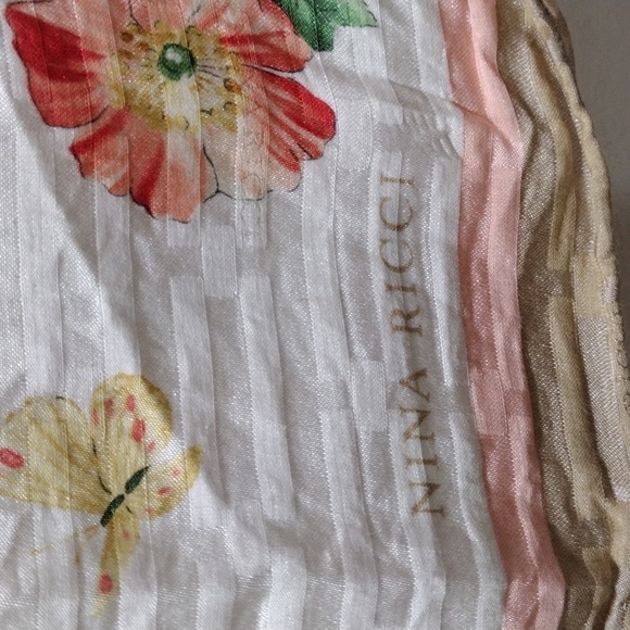 Nina Ricci Floral Butterfly Print Design Neck, muffler, square Scarf 22x22-inch - Picture 4 of 9